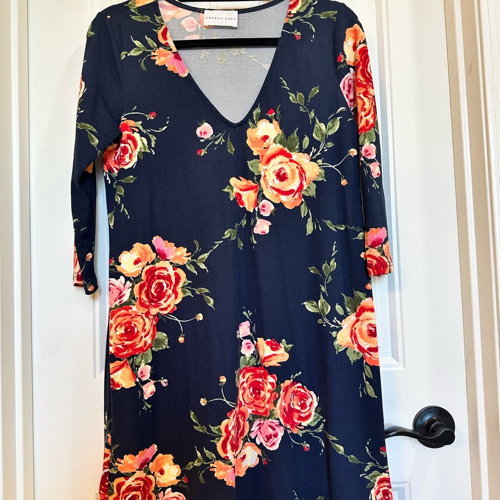 French Grey Floral V-Neck Dress